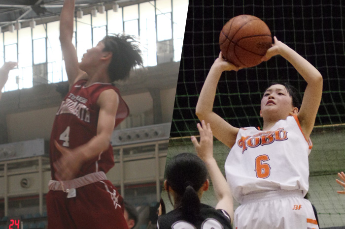 熱戦を繰り広げる男子決勝「石巻ー吉田方」戦（上）と女子決勝「豊橋東部ー豊橋南部」戦＝写真はいずれも蒲郡市民体育センターで