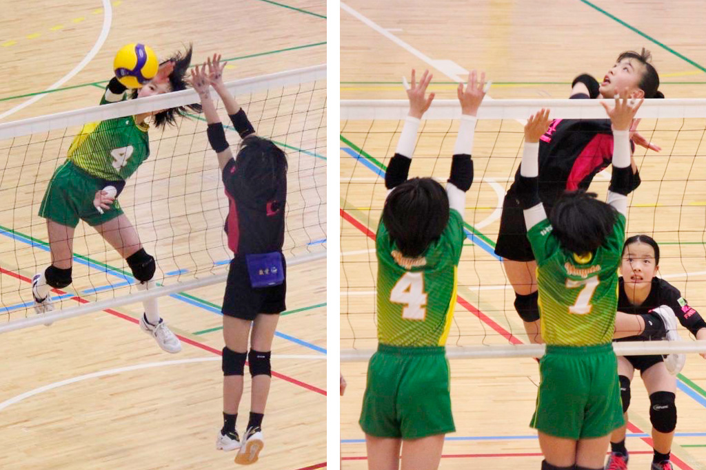 準決勝のはやて戦でスパイクを放つ岩澤咲月（右）と、相手スパイクをブロックする入江芹香
